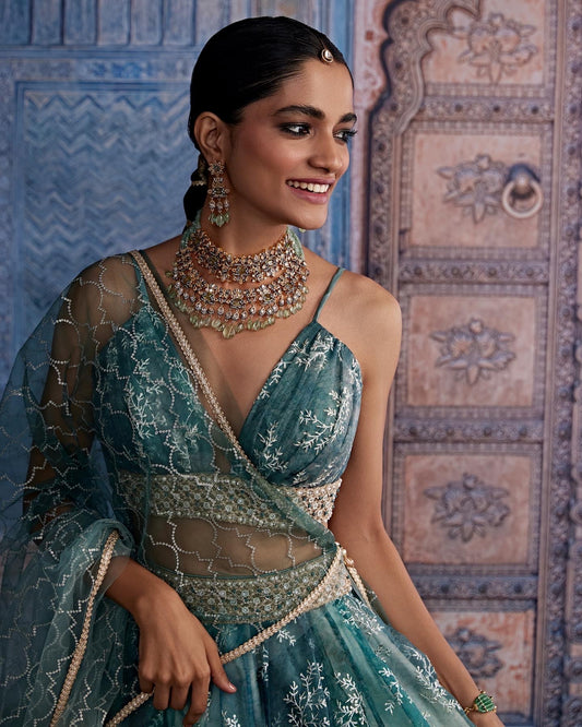 Lake blue organza lehenga