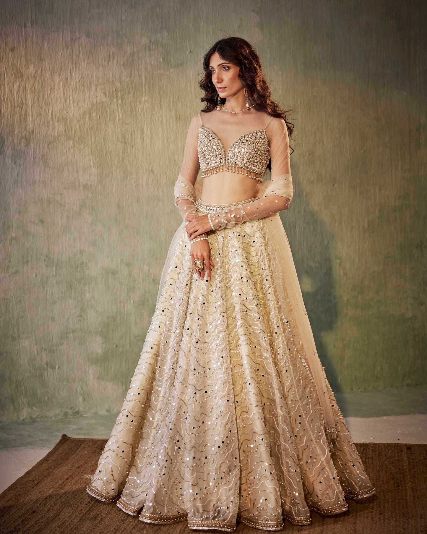 Ivory mirror waves lehenga with mirror embroidered blouse