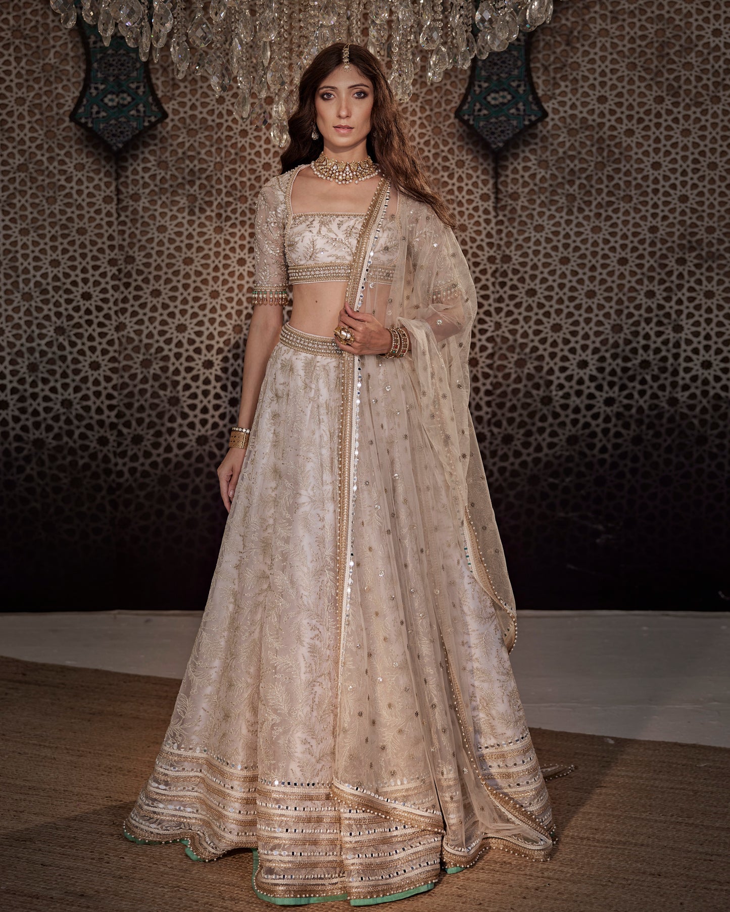 White leaves organza lehenga