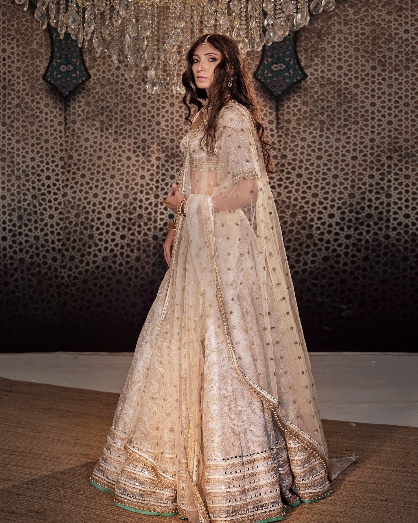 White leaves organza lehenga