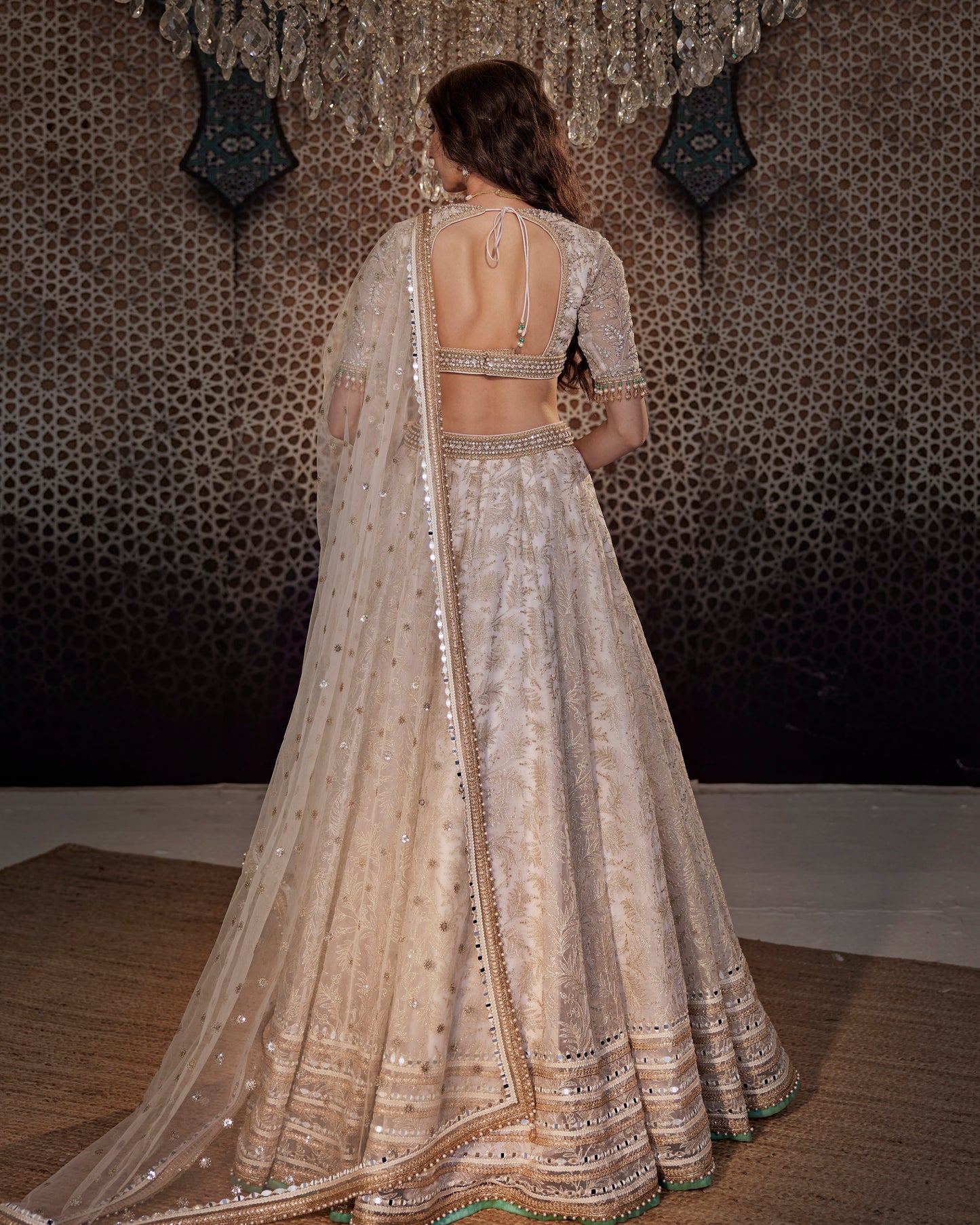 White leaves organza lehenga