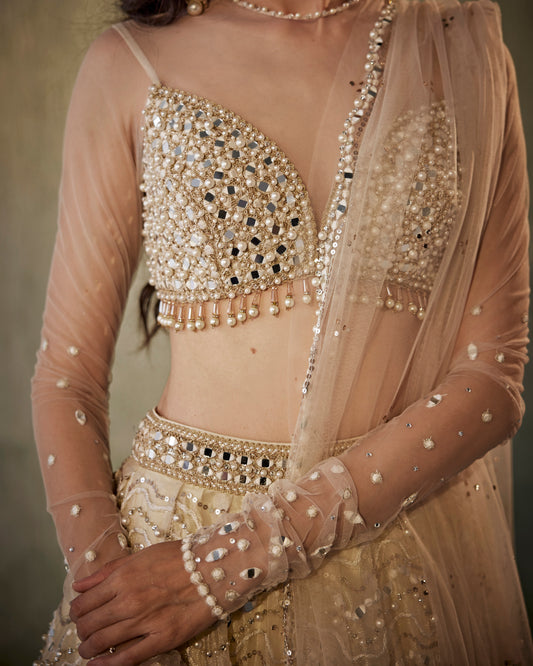 Ivory mirror waves lehenga with mirror embroidered blouse