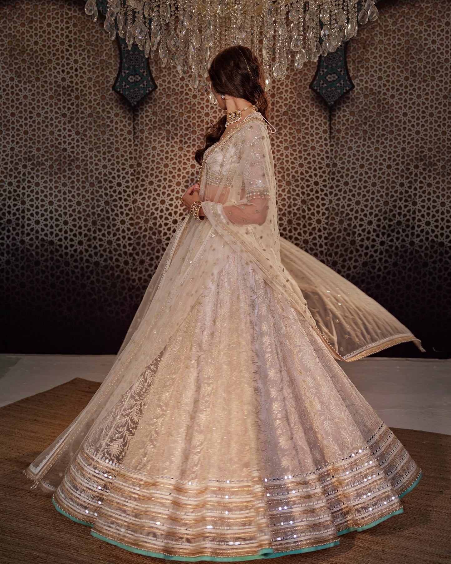 White leaves organza lehenga