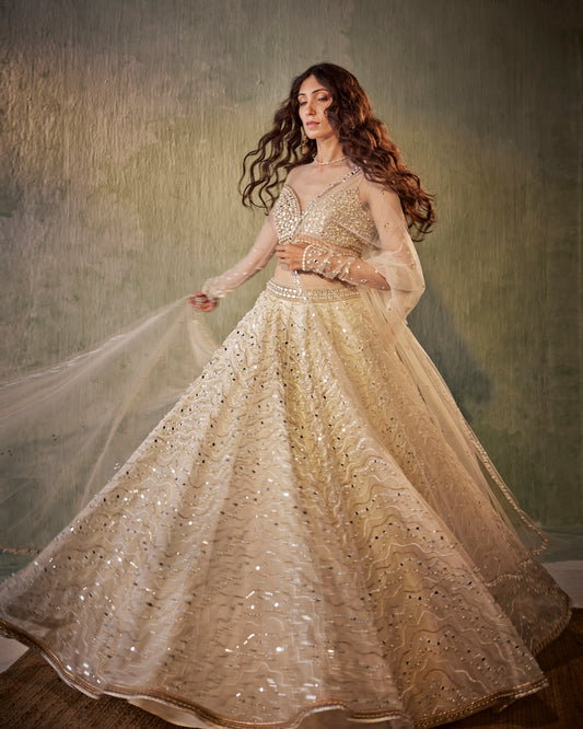 Ivory mirror waves lehenga with mirror embroidered blouse
