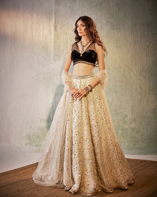 Ivory mirror waves lehenga set