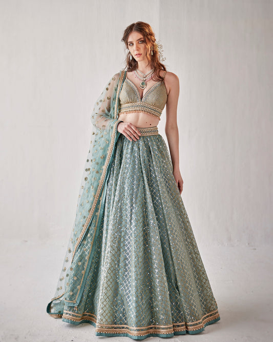 Konya blue organza lehenga with sequin embroidery