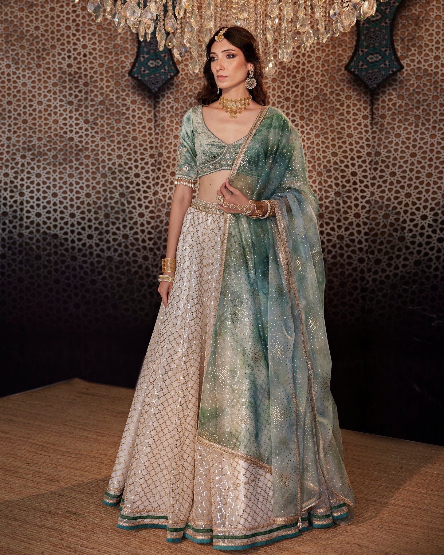 Ivory sequin grid lehenga