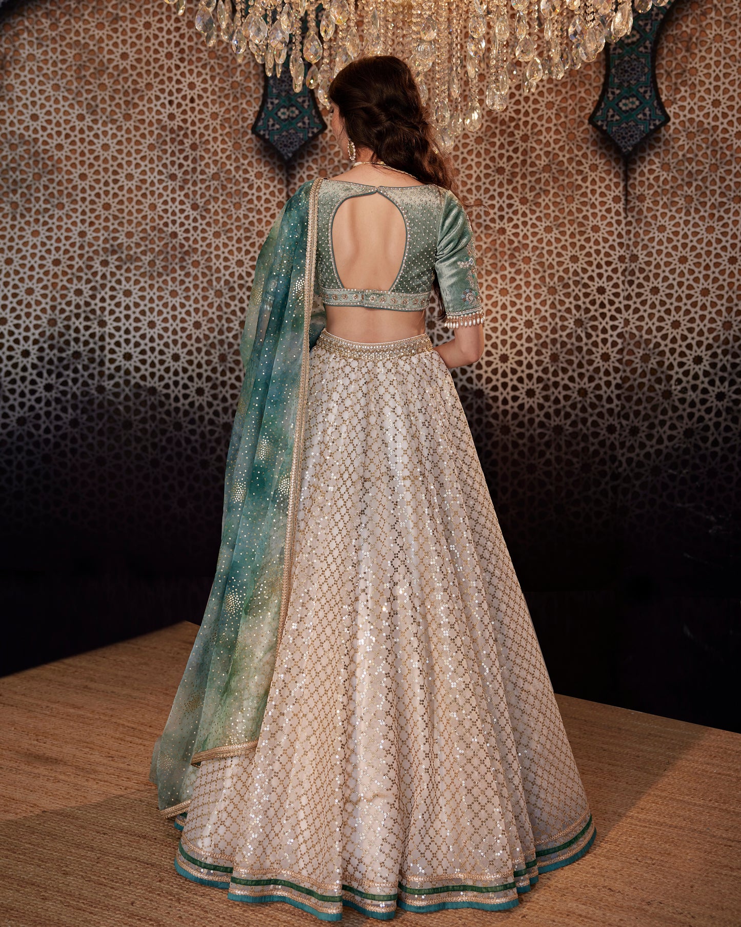 Ivory sequin grid lehenga