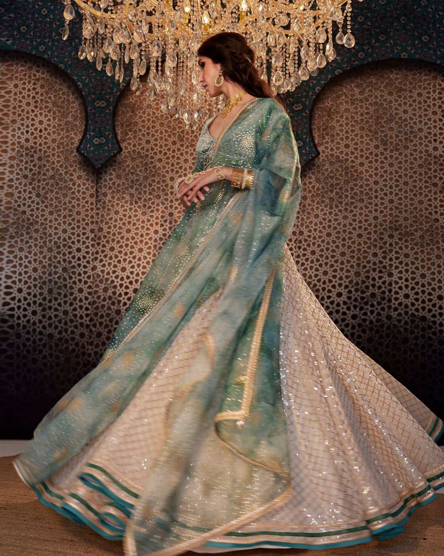Ivory sequin grid lehenga