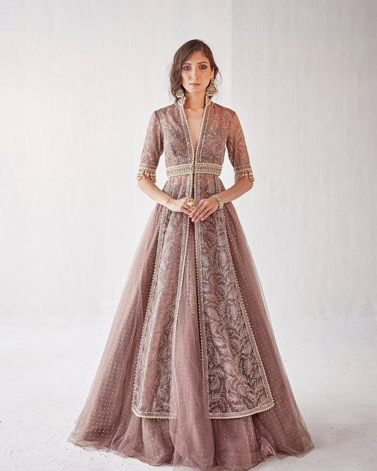 Plum wine lehenga with embroidered jacket