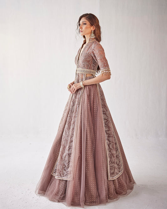 Plum wine lehenga with embroidered jacket