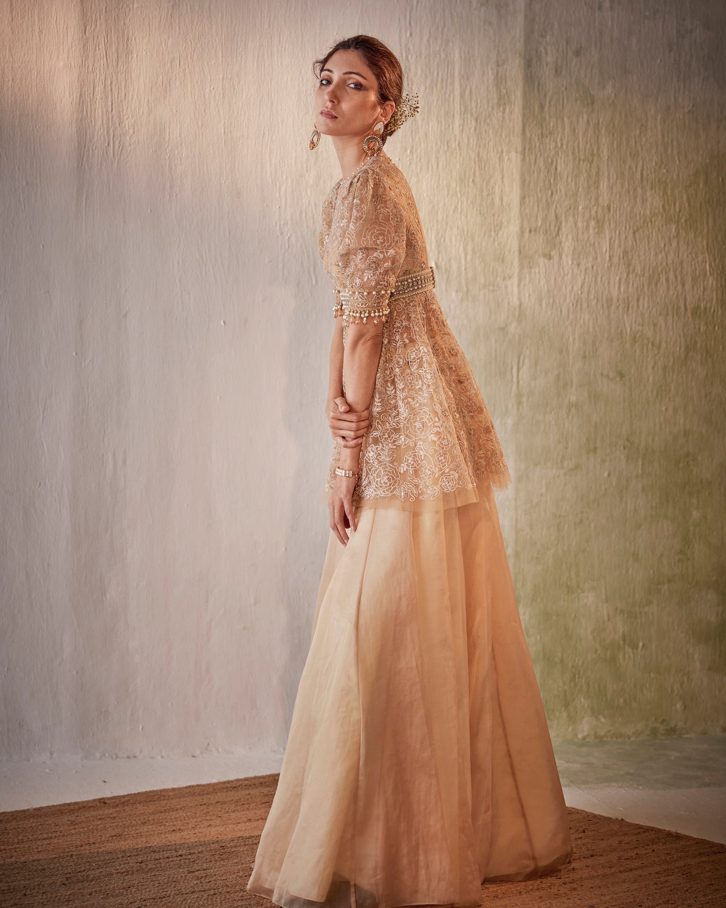 Golden peplum sharara set