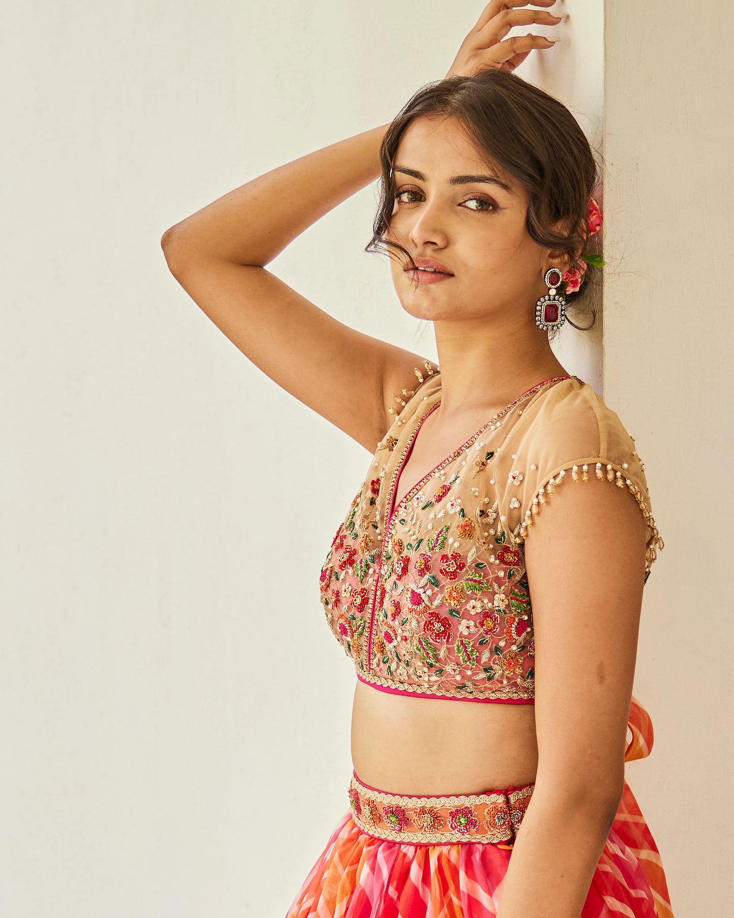 Multicolor “leheriya” print organza lehenga