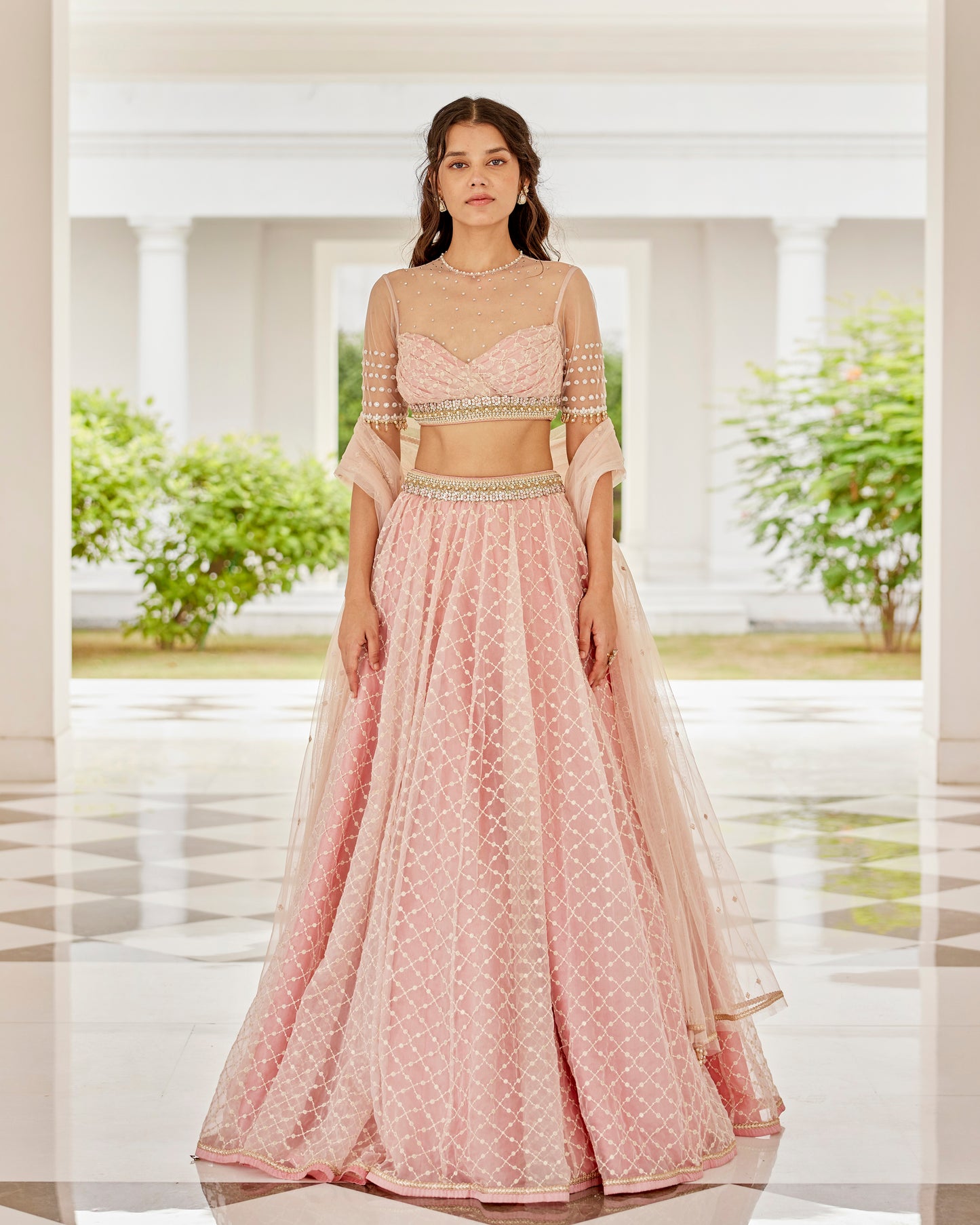 Blush pink organza lehenga