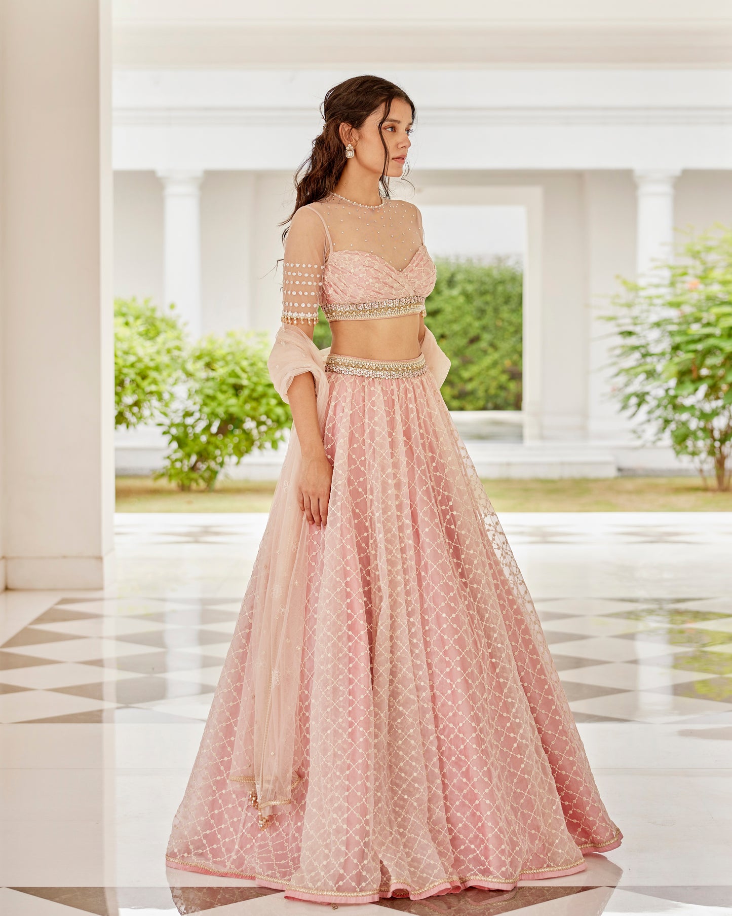 Blush pink organza lehenga