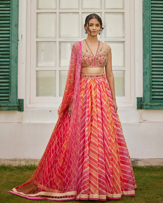 Multicolor “leheriya” print organza lehenga