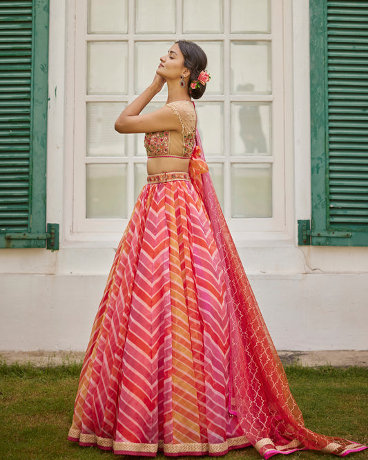 Multicolor “leheriya” print organza lehenga