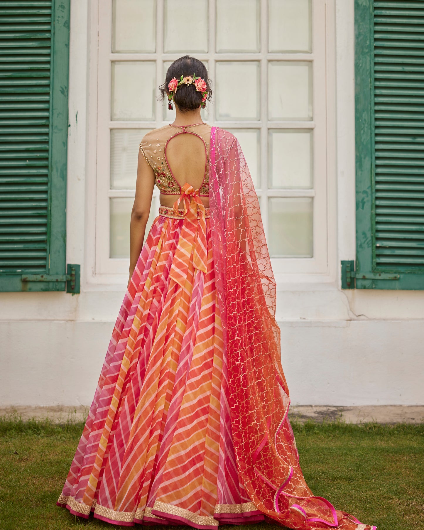 Multicolor “leheriya” print organza lehenga