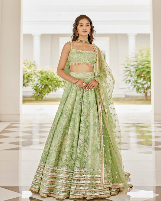 Mint green leaves organza lehenga