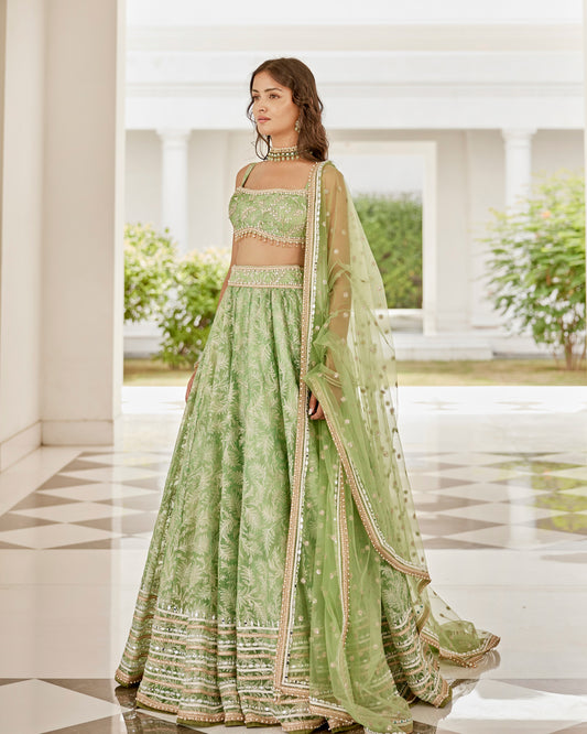 Mint green leaves organza lehenga