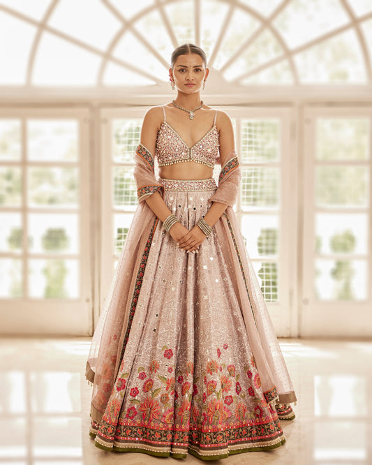 Floating flowers mirror embroidered lehenga