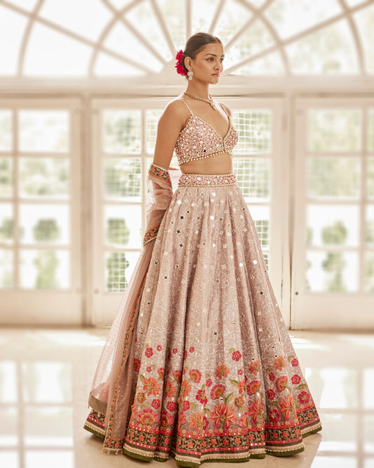 Floating flowers mirror embroidered lehenga