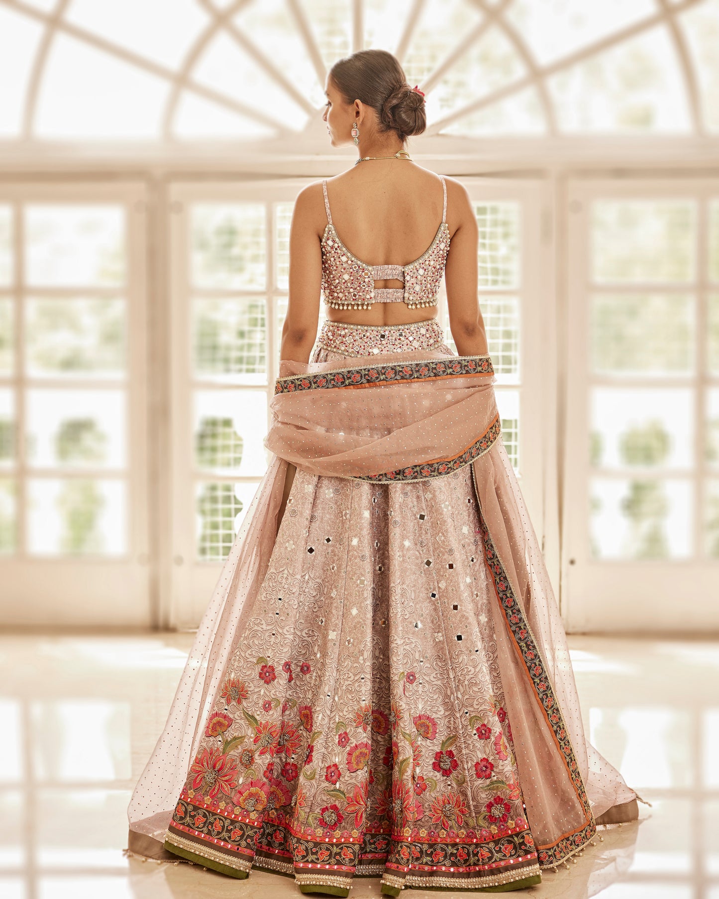 Floating flowers mirror embroidered lehenga