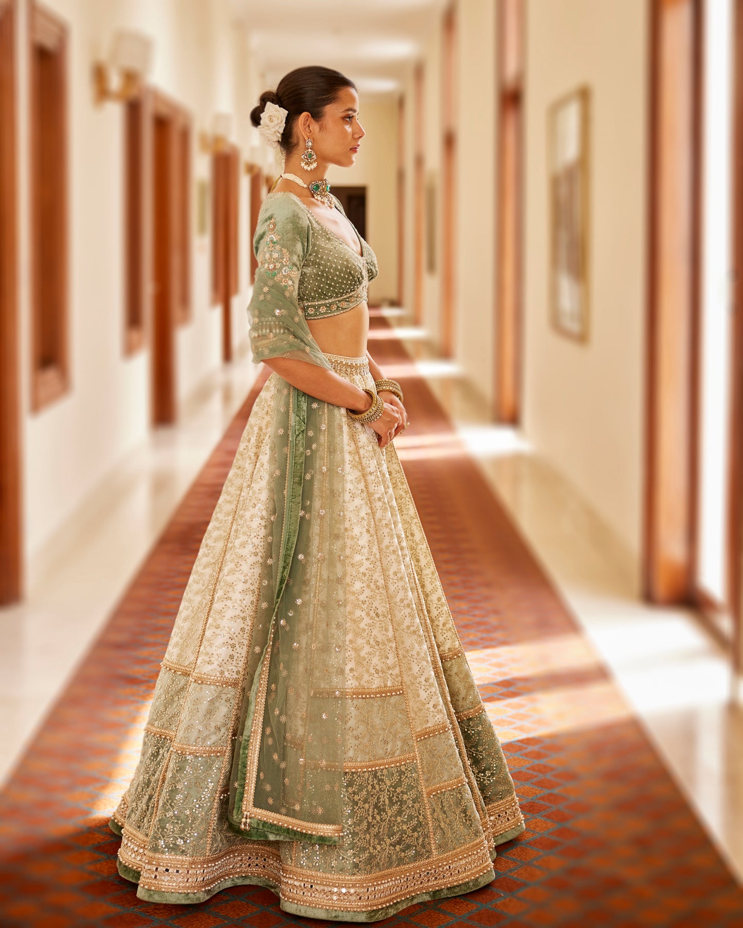 Ivory kalidaar lehenga with velvet blouse