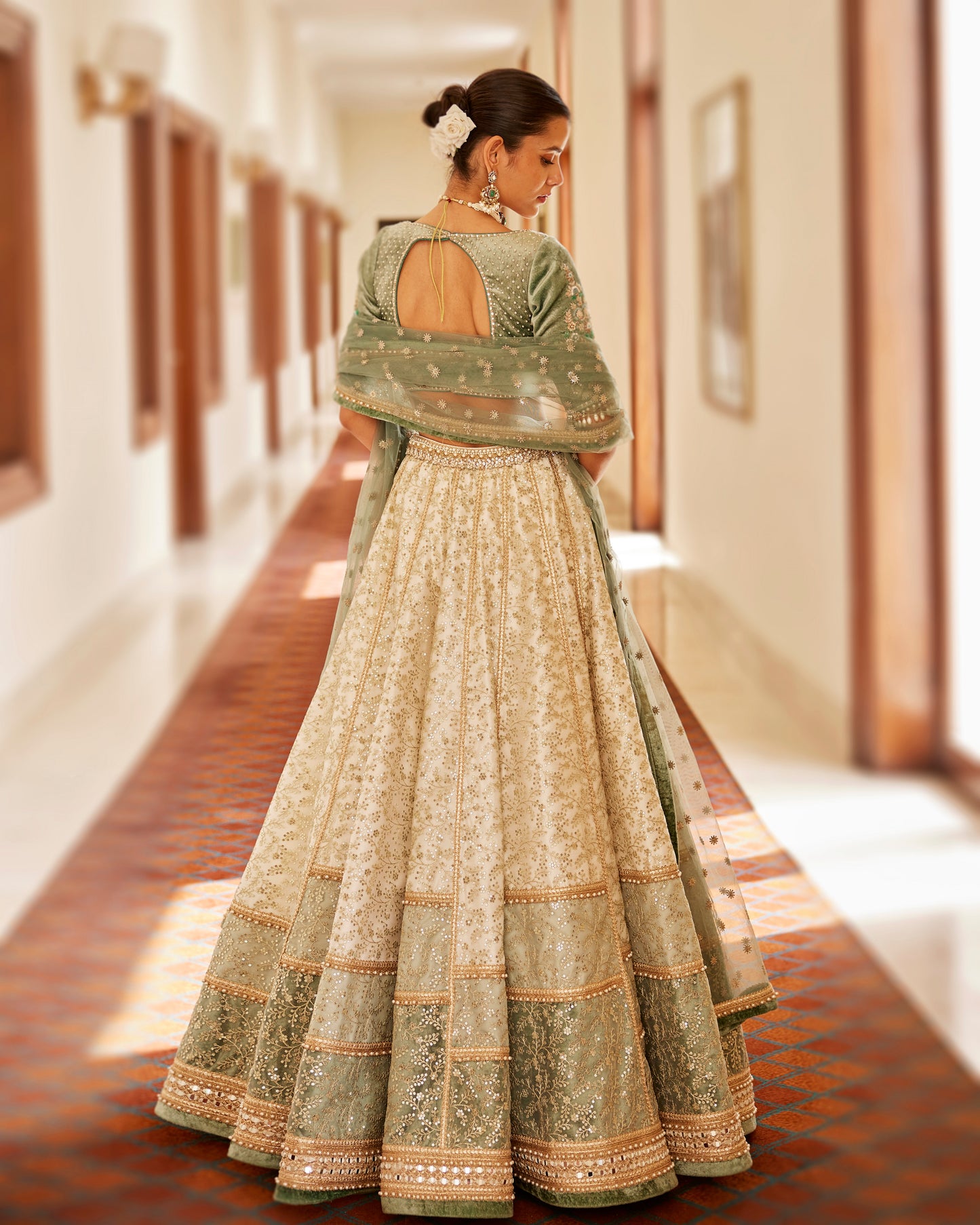 Ivory kalidaar lehenga with velvet blouse