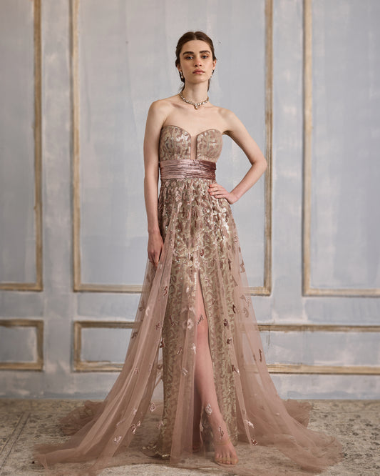 Old rose velvet appliqué gown