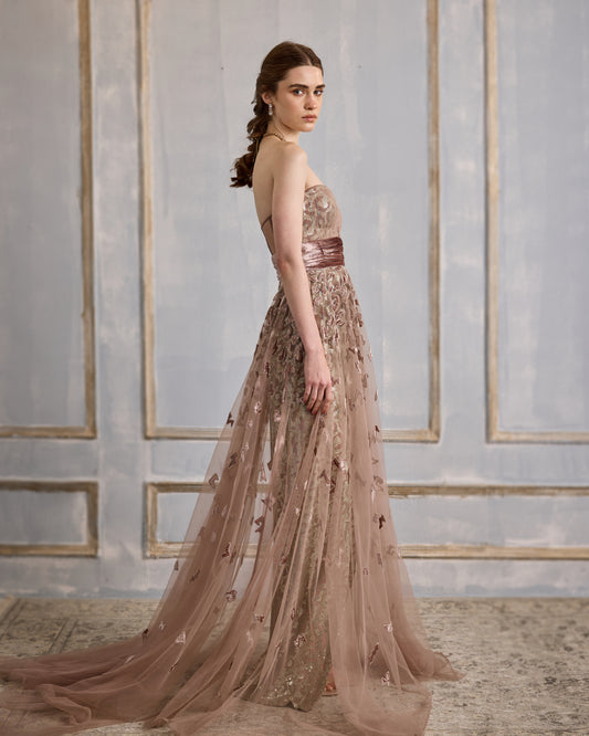 Old rose velvet appliqué gown