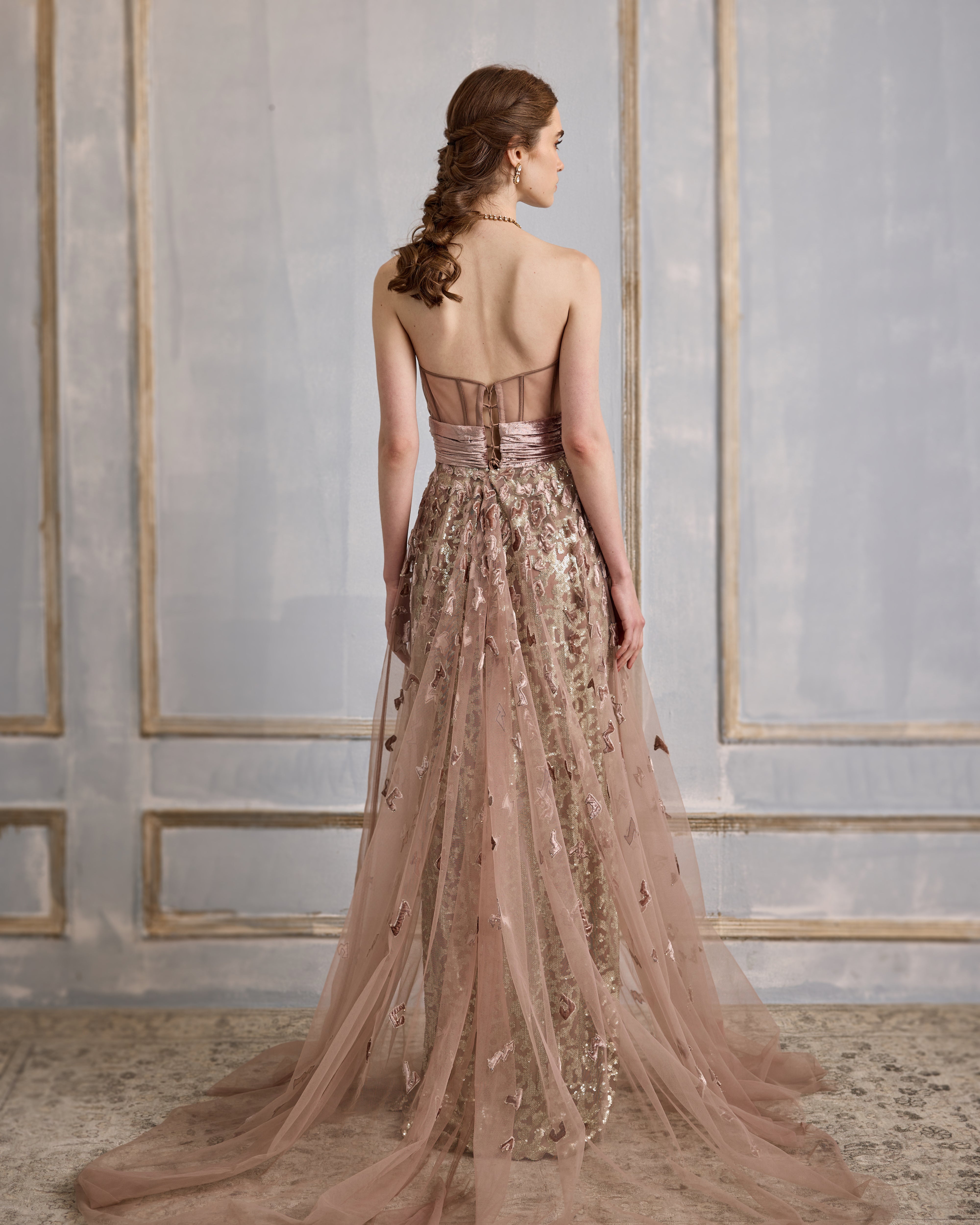 Old rose velvet appliqué gown