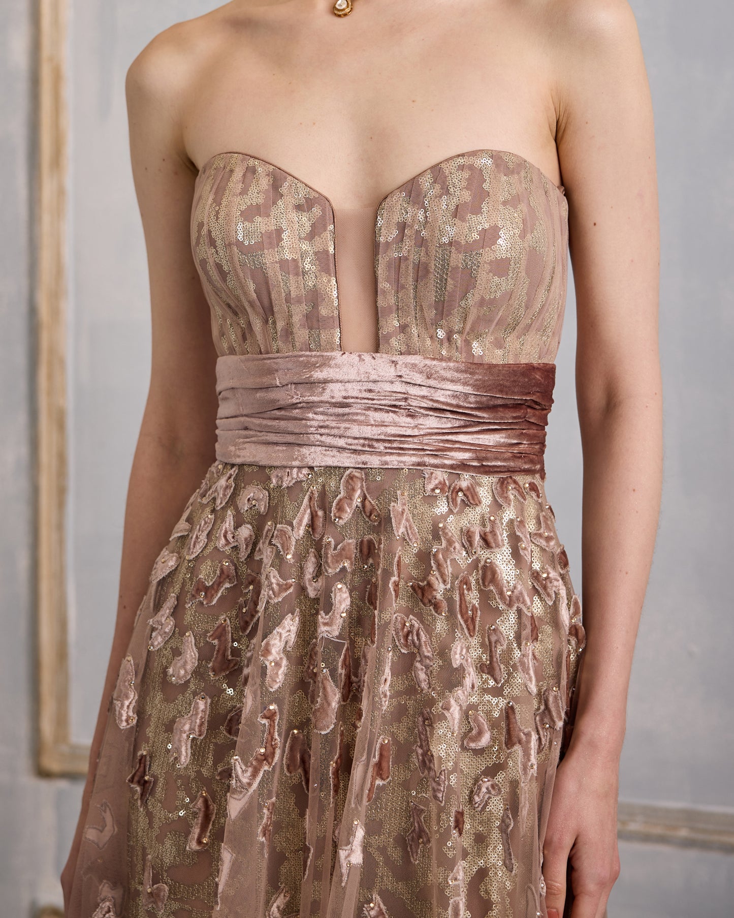 Old rose velvet appliqué gown