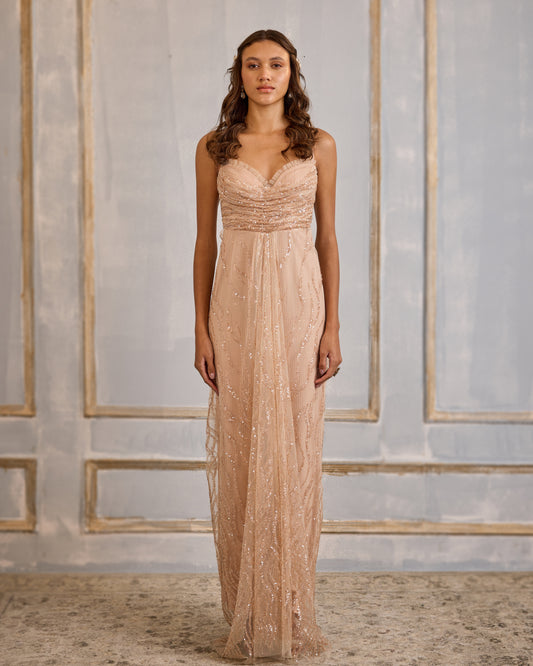 Nude draped column gown