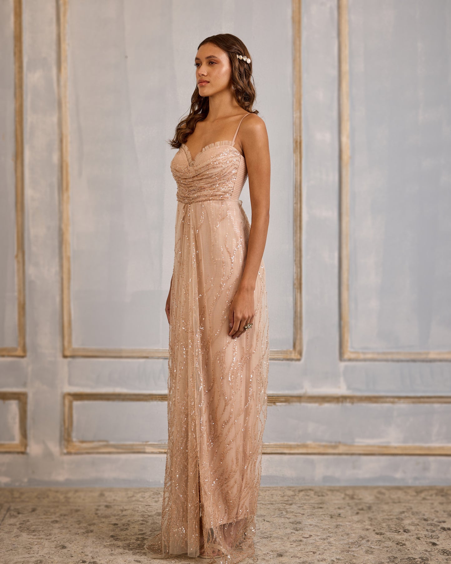 Nude draped column gown
