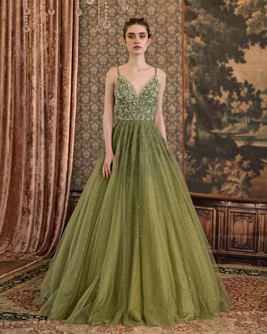 Sage rosettes symphony gown