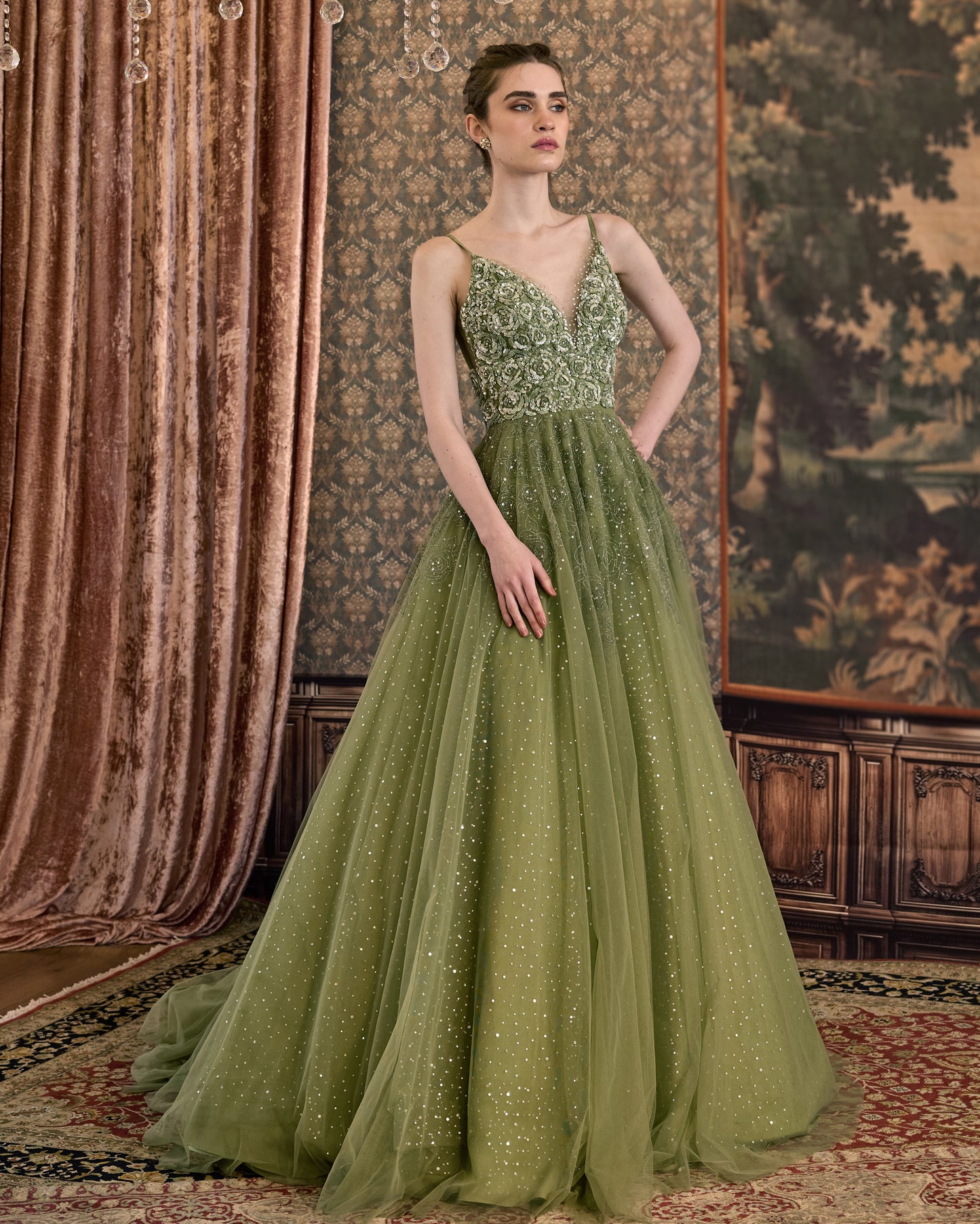 Sage rosettes symphony gown