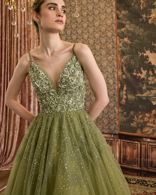 Sage rosettes symphony gown