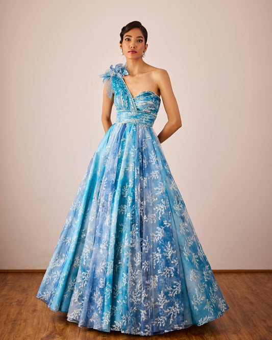 Blue one shoulder organza gown