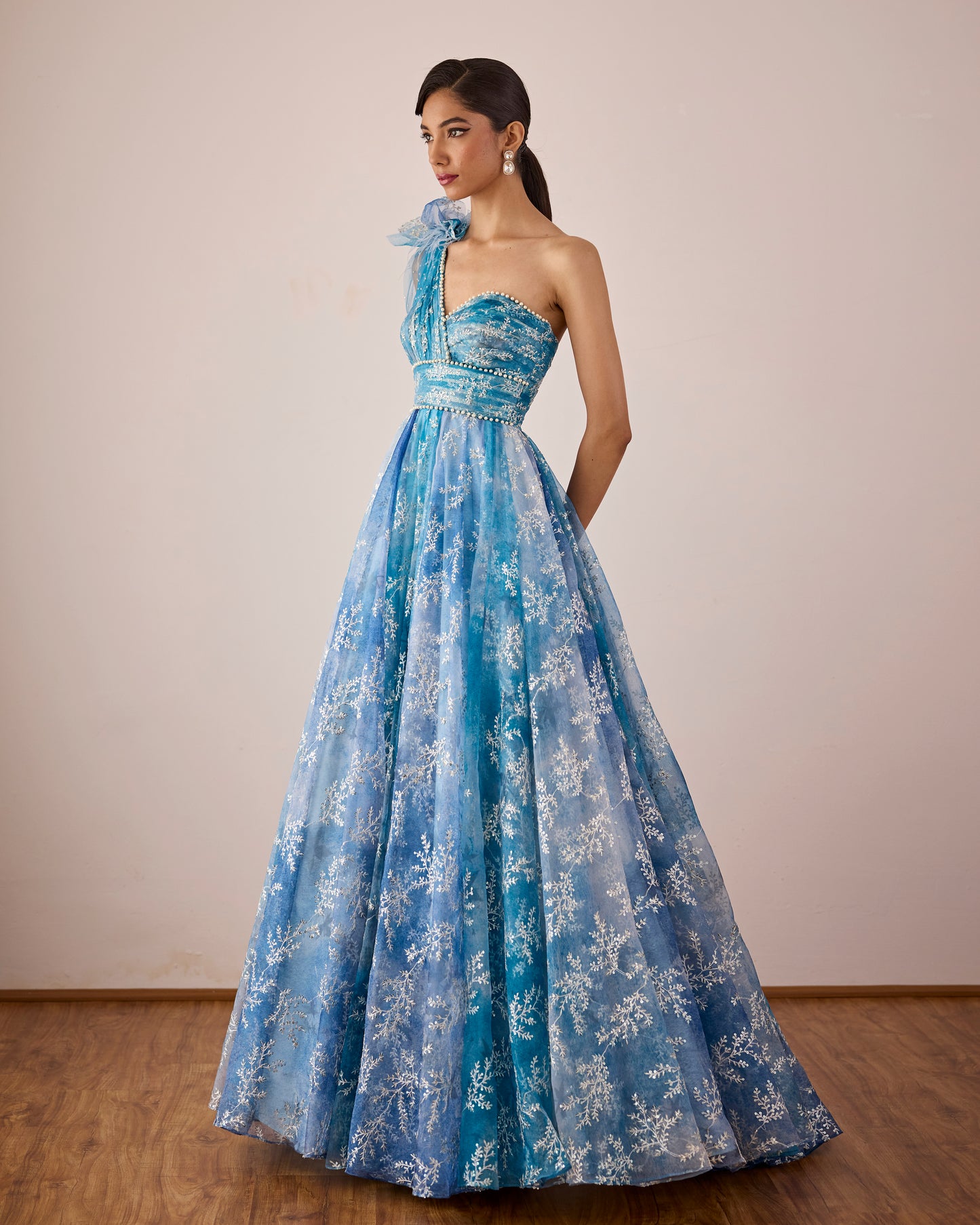 Blue one shoulder organza gown