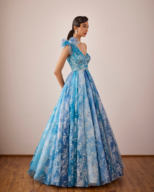 Blue one shoulder organza gown