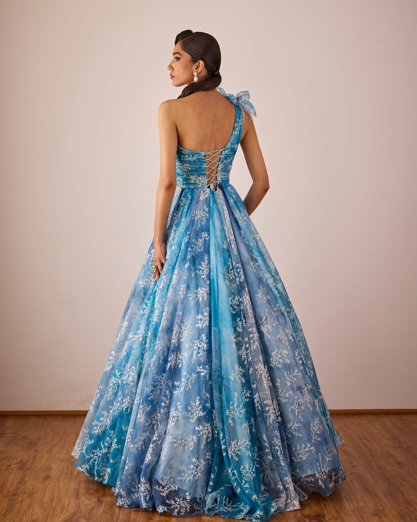 Blue one shoulder organza gown