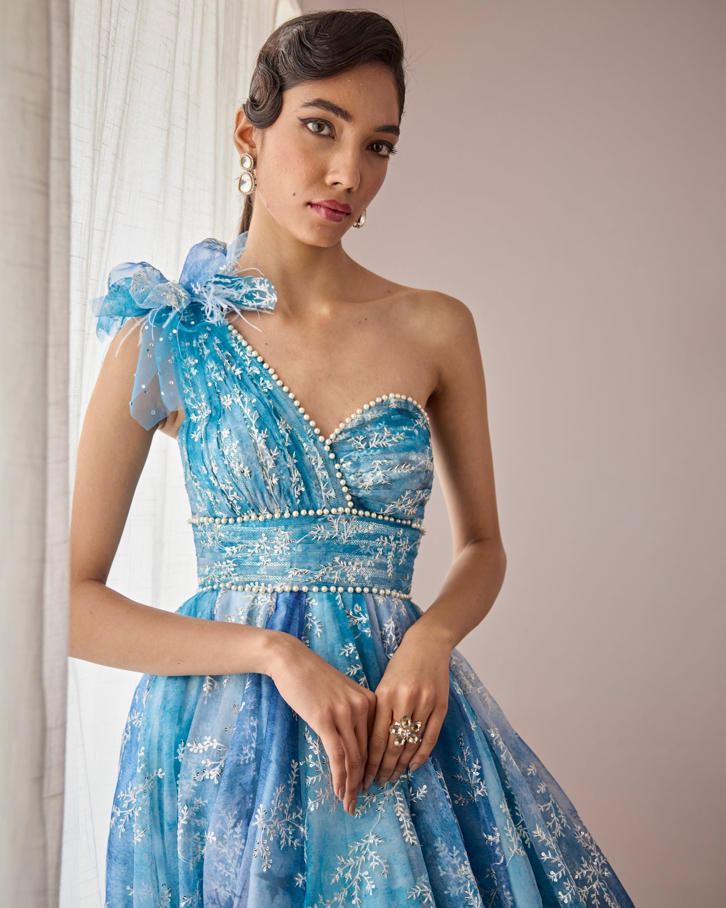 Blue one shoulder organza gown