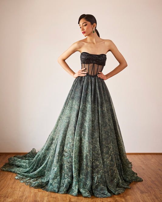 Victorian Moss Green Print Gown