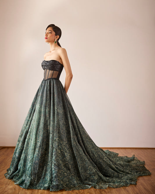 Victorian Moss Green Print Gown