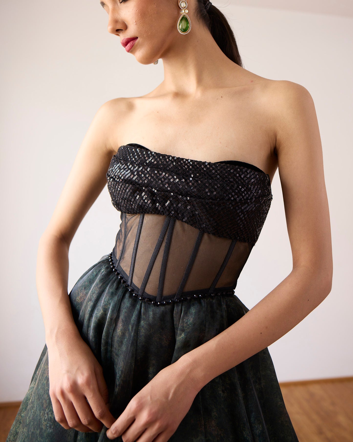 Victorian Moss Green Print Gown
