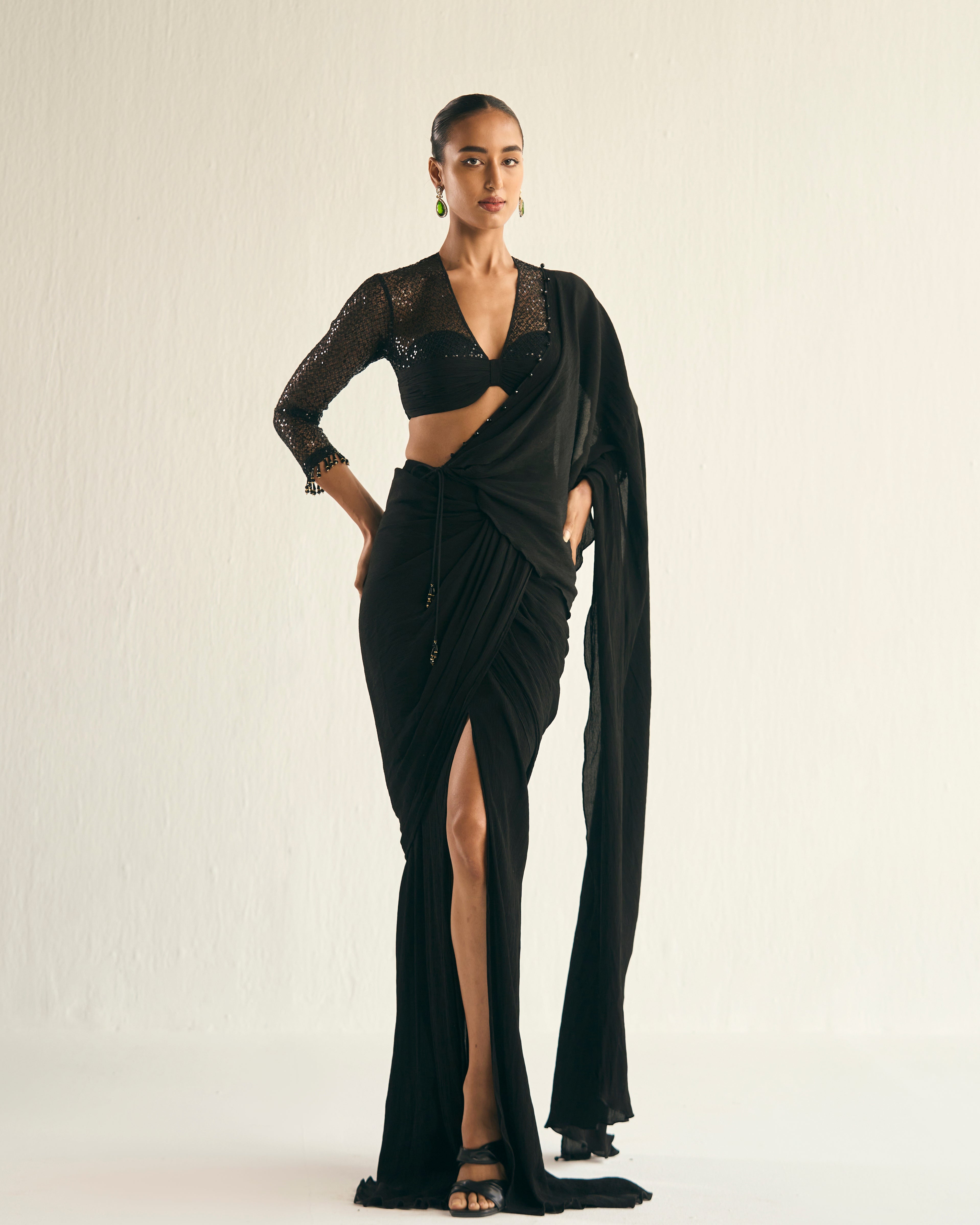 Black drape saree set
