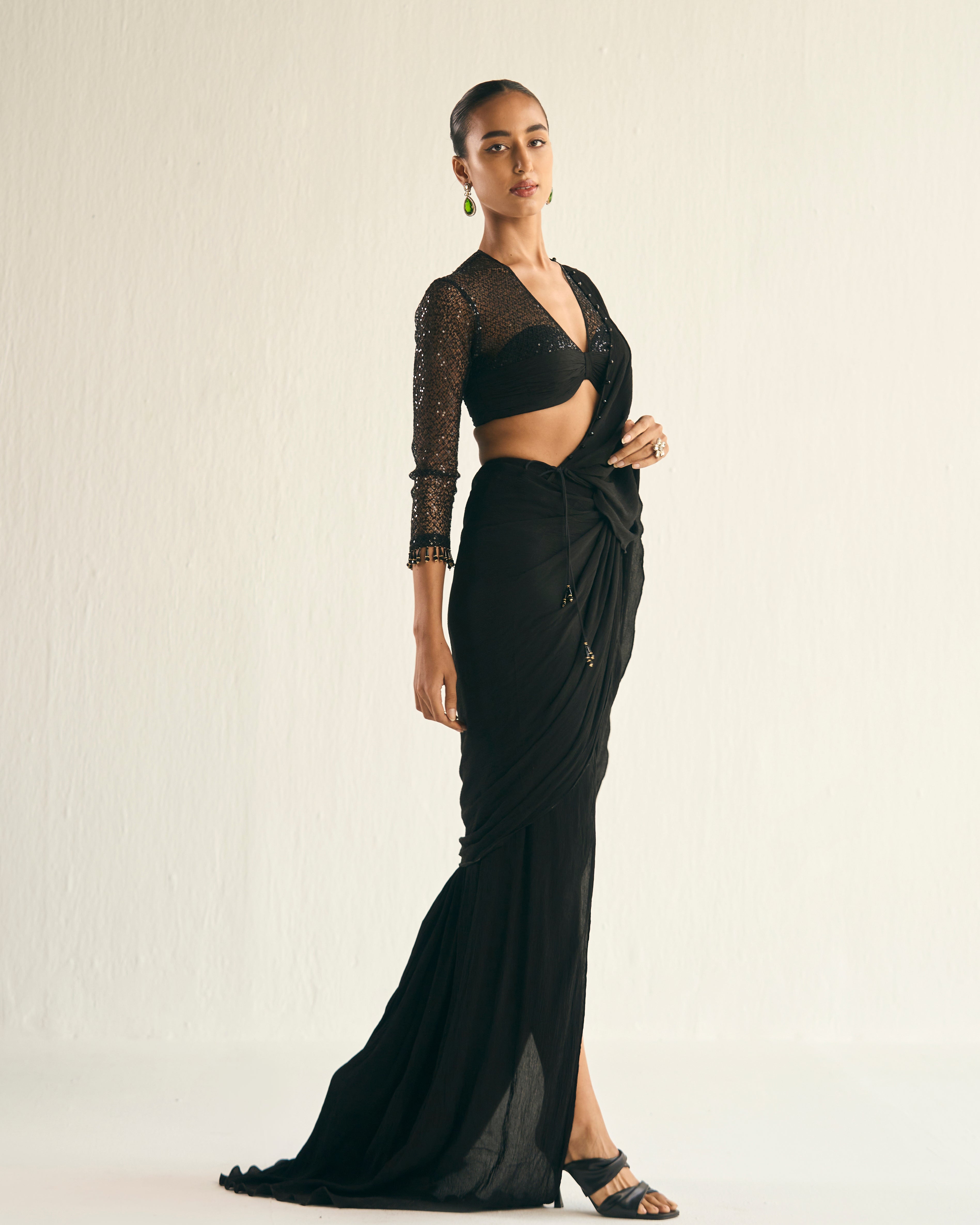 Black drape saree set