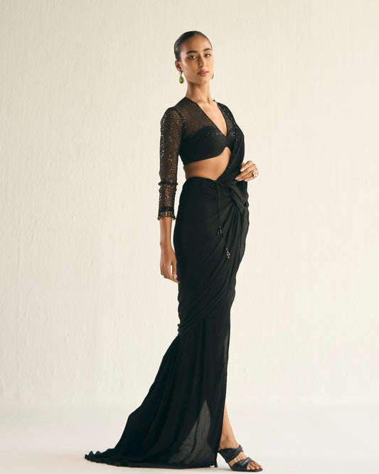 Black drape saree set