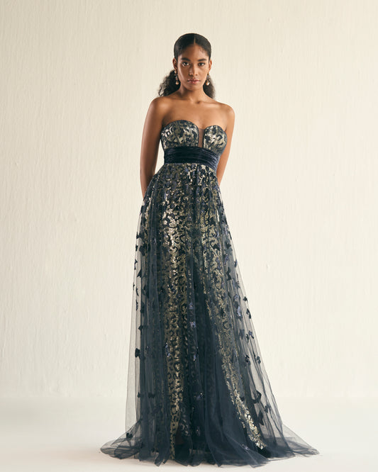 Shadow grey velvet applique tulle gown